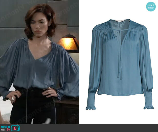 Rebecca Taylor Sateen Tie-Front Blouse in Stormy Blue worn by Elizabeth Webber (Rebecca Herbst) on General Hospital