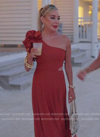 Marysol's red ruffle shoulder dress on The Real Housewives of Miami