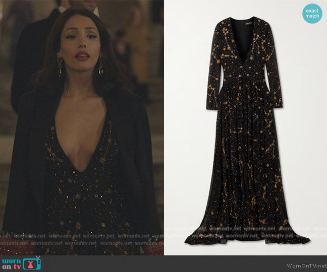 Retrofete Galexia embellished georgette gown worn by Luna La (Zión Moreno) on Gossip Girl