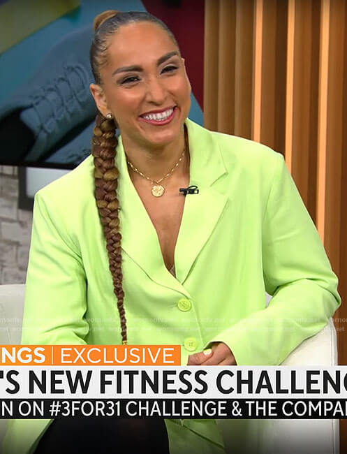 Robin Arzón’s lime green cropped jacket and skirt set on CBS Mornings
