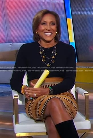 Robin's beige blouse and brown striped skirt on Good Morning America