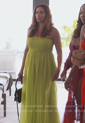 Robyn's green smocked wide leg jumpsuit on The Real Housewives of Potomac