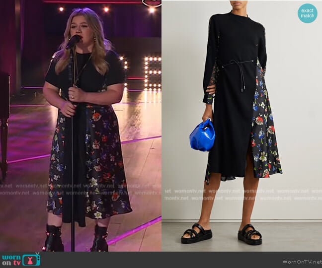 Sacai Paneled wool and floral-print satin midi dress worn by Kelly Clarkson on The Kelly Clarkson Show