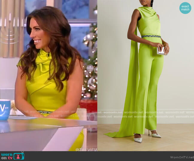 Safiyaa Cara draped satin and crepe jumpsuit worn by Alyssa Farah Griffin on The View