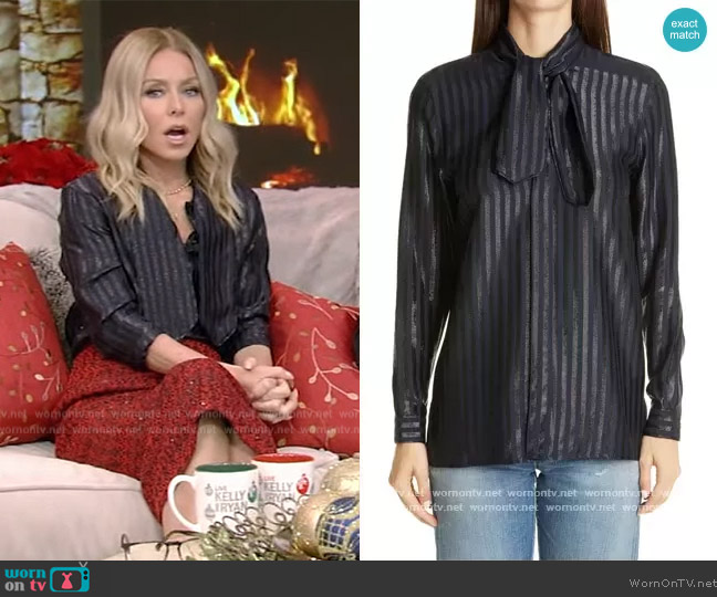 Saint Laurent Metallic Stripe Tie Neck Silk Blend Blouse worn by Kelly Ripa on Live with Kelly and Ryan
