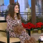 Salma Hayek’s brown printed feather trim top and pants on Live with Kelly and Ryan