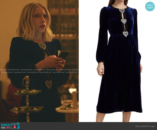 Saloni Camille Heart Patch Velvet Midi-Dress worn by Kate Keller (Tavi Gevinson) on Gossip Girl