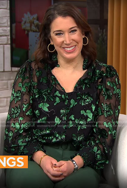 Sarah Gelman’s sheer green floral blouse on CBS Mornings
