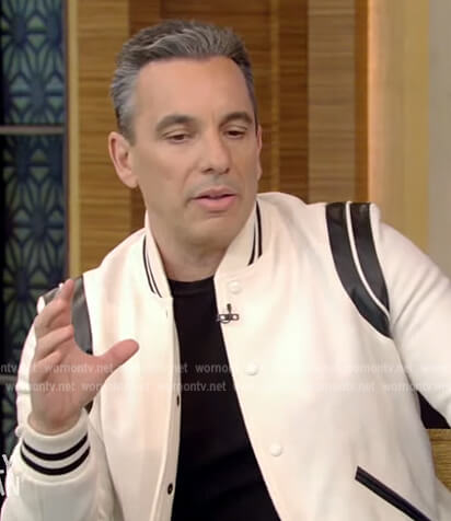 Sebastian Maniscalco’s white leather bomber jacket on Live with Kelly and Ryan