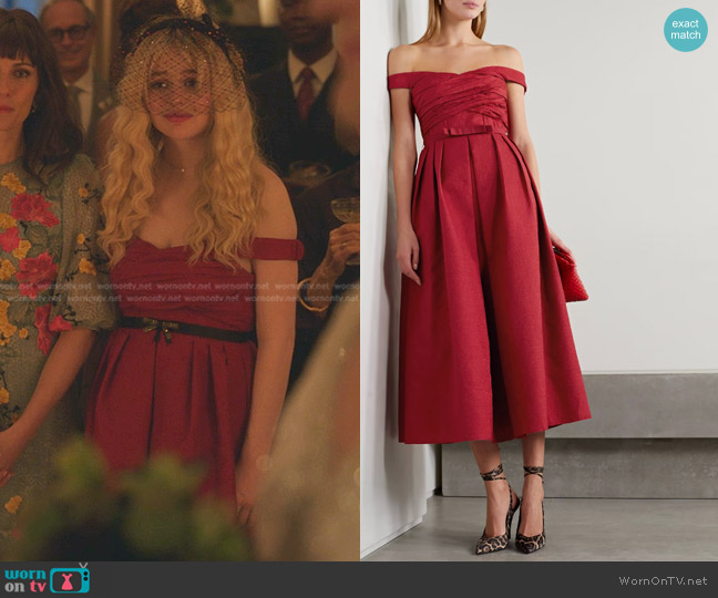 Self Portrait Off-the-Shoulder Gathered Cloqué Midi Dress worn by Audrey Hope (Emily Alyn Lind) on Gossip Girl