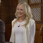 Sharon’s white sleeveless cardigan on The Young and the Restless