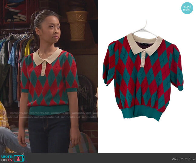 Shein Argyle Pattern Polo Neck Puff Sleeve Knit Top worn by Ivy (Emmy Liu-Wang) on Ravens Home
