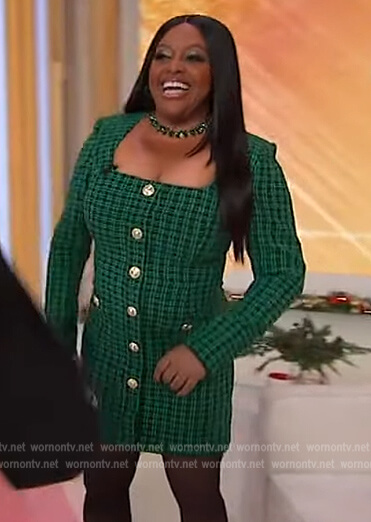 Sherri’s green tweed button front dress on Sherri
