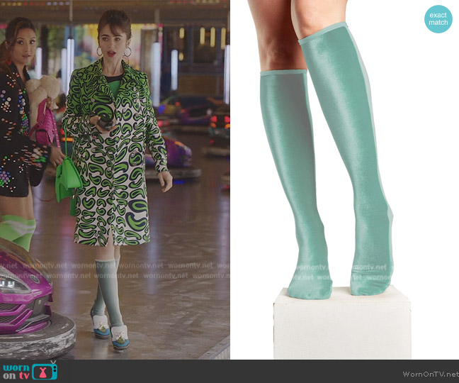 Velvet Knee Socks in Pistachio by Simone Wild worn by Emily Cooper (Lily Collins) on Emily in Paris