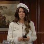 Steffy’s white tweed outfit with feather trim and pearl studded beret on The Bold and the Beautiful