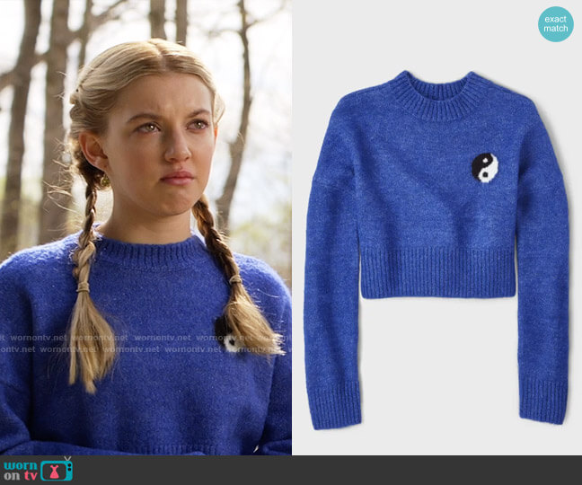 Sugar & Jade Yin Yang Cropped Sweater in Cool Cobalt worn by Tatum Grayson (Ava Grace) on Monarch