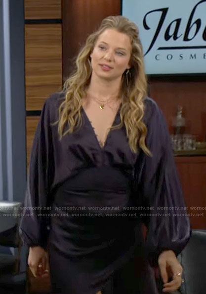 Summer's navy satin asymmetric dress on The Young and the Restless