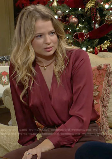 Summer’s red satin wrap blouse on The Young and the Restless