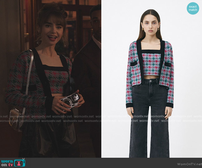 Suncoo Paris Ganael Fantasy Top and Cardigan Set with lurex touch worn by Emily Cooper (Lily Collins) on Emily in Paris