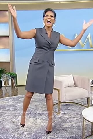 Tamron’s gray sleeveless blazer dress on Tamron Hall Show