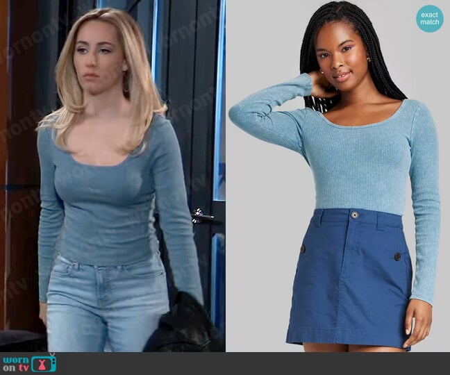 Wild Fable at Target Long Sleeve Scoop Neck Ribbed T-Shirt in Turquoise Blue worn by Josslyn Jacks (Eden McCoy) on General Hospital
