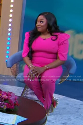 Teri Ijeoma's pink puff sleeve jumpsuit on Good Morning America