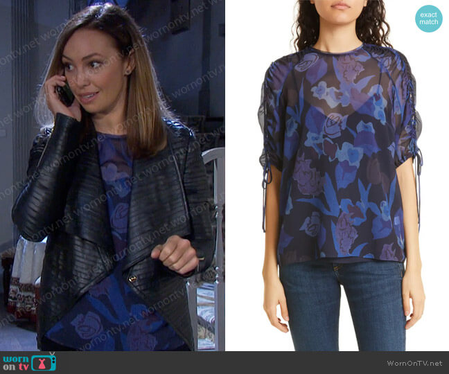 Ted Baker Nixole Floral Ruched Sleeve Top worn by Gwen Rizczech (Emily O'Brien) on Days of our Lives