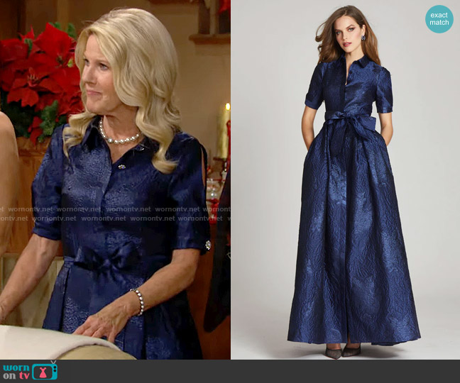 Teri Jon by Rickie Freeman Split-Sleeve Organza & Jacquard Shirtdress Gown in Navy worn by Pamela Douglas (Alley Mills) on The Bold and the Beautiful