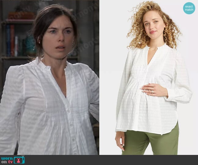 The Nines by Hatch at Target Long Sleeve Pintuck Cotton Maternity Shirt Cream Striped worn by Willow Tait (Katelyn MacMullen) on General Hospital