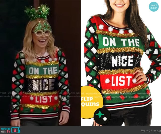 Tipsy Elves Naughty or Nice Sequin Ugly Christmas Sweater worn by Kelly Ripa on Live with Kelly and Mark