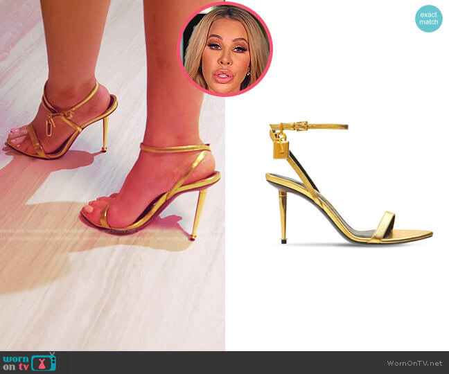 Tom Ford 85mm Padlock laminated leather sandals worn by Lisa Hochstein (Lisa Hochstein) on The Real Housewives of Miami