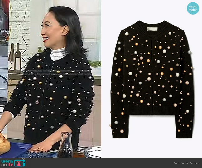 Tory Burch Pearl Embellished Cardigan worn by Judy Joo on Today
