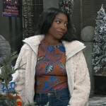 Trina’s leaf print top and white fluffy jacket on General Hospital