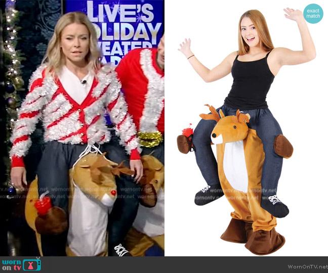 Ugly Christmas Sweater Christmas Reindeer Ride On with Light Up Nose worn by Kelly Ripa on Live with Kelly and Ryan