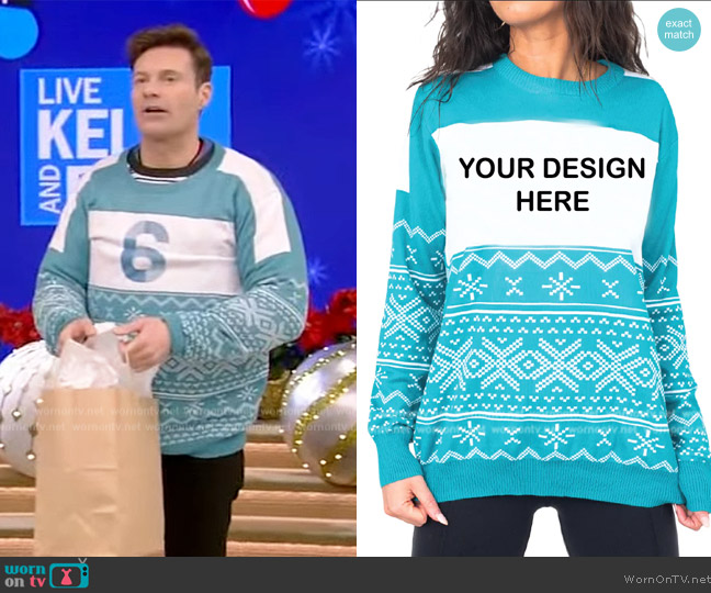 Ugly Christmas Sweater Adult Poly-Knit Logo Christmas Sweater worn by Ryan Seacrest on Live with Kelly and Ryan
