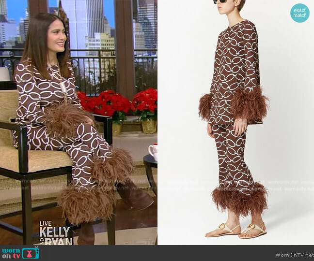 Valentino Feather-trim chain-print top worn by Salma Hayek on Live with Kelly and Ryan