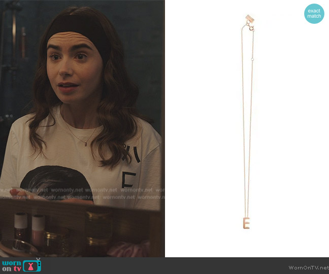 Alphabet Necklace E by Vanrycke worn by Emily Cooper (Lily Collins) on Emily in Paris