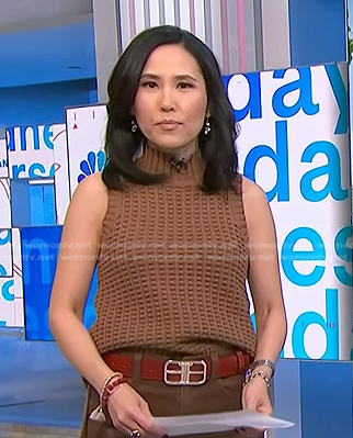 Vicky’s brown turtleneck sleeveless sweater on NBC News Daily