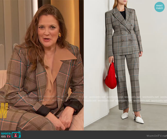 Victoria Beckham Houndstooth Double-Breasted Wool Jacket worn by Drew Barrymore on The Drew Barrymore Show