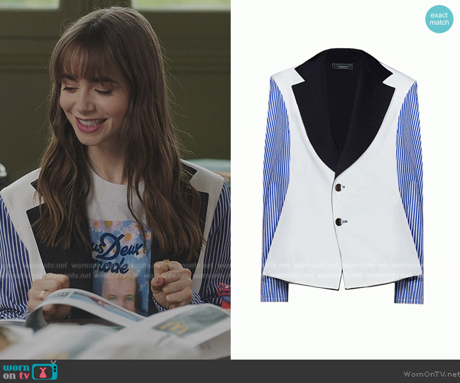 Victoria Tomas Reversible Blazer With Contrasted Sleeves worn by Emily Cooper (Lily Collins) on Emily in Paris