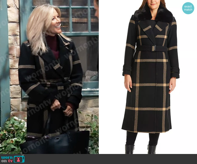 Vince Camuto Faux-Fur-Collar Plaid Maxi Wrap Coat in Black worn by Carly Corinthos (Laura Wright) on General Hospital
