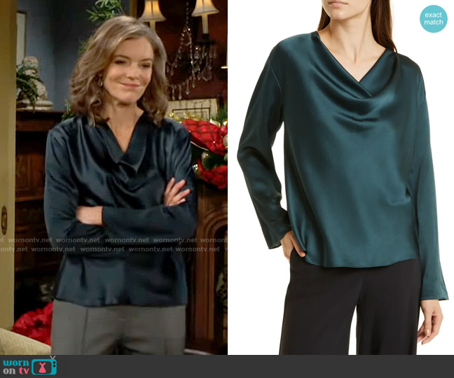 Vince Cowl Neck Silk Blouse in Azure Onyx worn by Diane Jenkins (Susan Walters) on The Young and the Restless