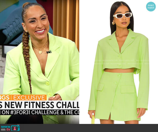We Wore What Sharp Green Cropped Blazer and Skirt worn by Robin Arzón on CBS Mornings