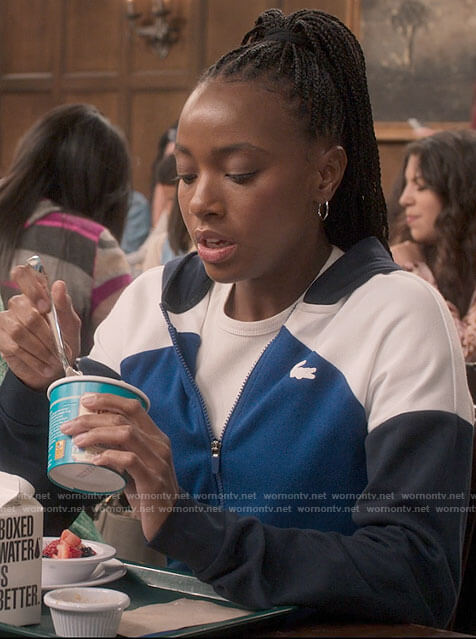 Whitney's blue colorblock hoodie on The Sex Lives of College Girls