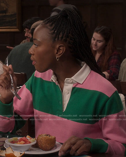 Whitney's pink and green striped polo sweatshirt on The Sex Lives of College Girls