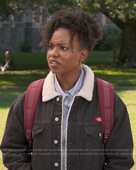 Willow's black denim sherpa jacket on The Sex Lives of College Girls