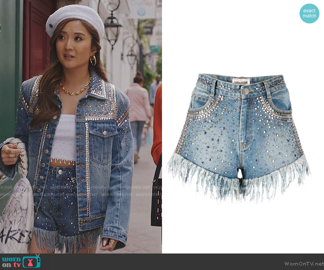 Zadig and Voltaire embellished frayed-edge denim shorts worn by Mindy Chen (Ashley Park) on Emily in Paris