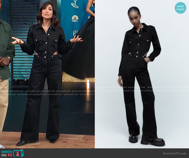 Zara Full Length Cut Out TRF Denim Jumpsuit worn by Courtney Lopez on Access Hollywood