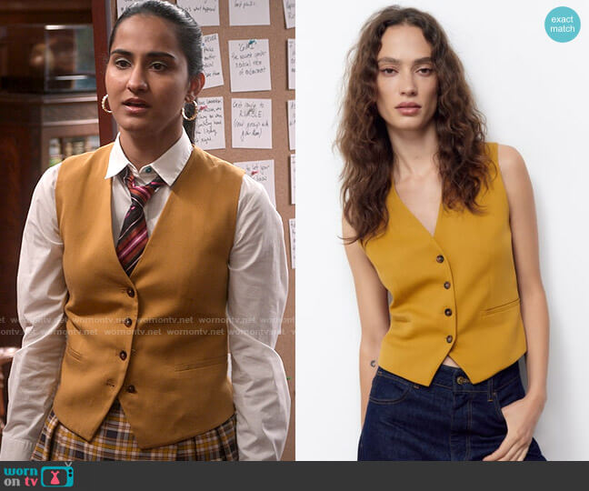 Zara Classic Waistcoat with Pockets in Curry  worn by Bela Malhotra (Amrit Kaur) on The Sex Lives of College Girls