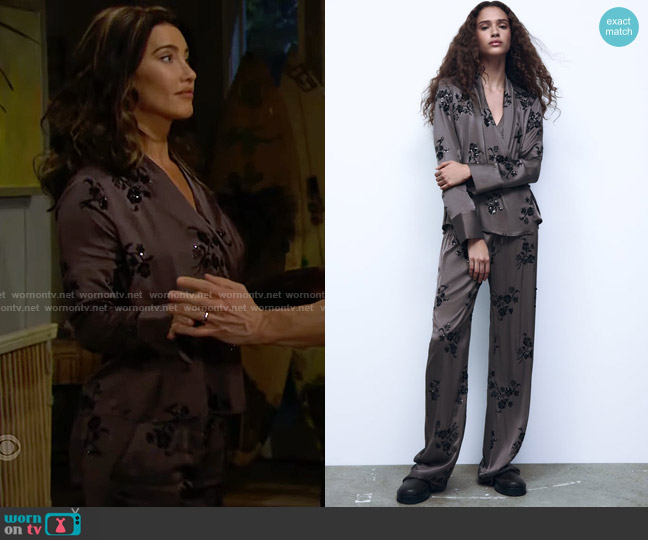 Zara Sequin Embroidered Wrap Blouse and Pants worn by Steffy Forrester (Jacqueline MacInnes Wood) on The Bold and the Beautiful
